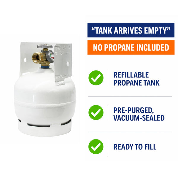 White 3 lb propane tank cylinder with brass valve and gauge outlet