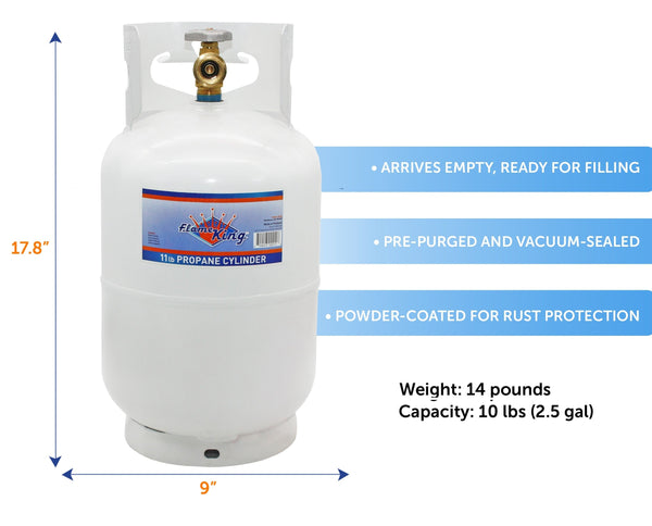 White 10 lb propane tank with brass OPD-style valve and protective valve collar