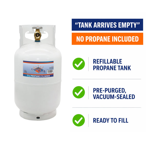 White propane tank cylinder with brass valve; refillable, pre-purged, ready to fill