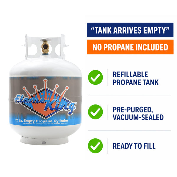 White Flame King 20 lb propane cylinder with OPD valve, empty and ready to refill.
