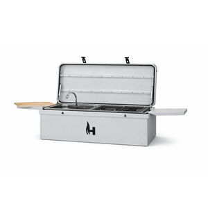 Camp kitchen grill front view with open lid, sink, and cooktop grates