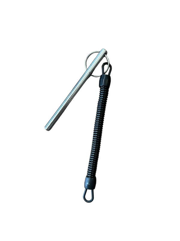 Spring cotter pin with metal rod, black coil and looped ends