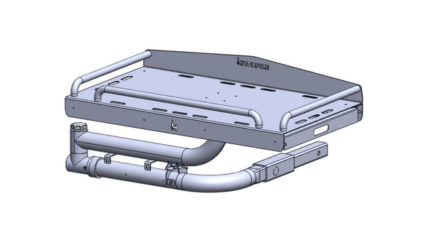 Cook station 3D diagram with open grill grates and hinged swing arm
