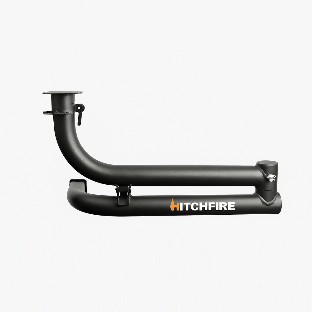 Black dual swing arm hitch accessory with Hitchfire logo and mounting brackets