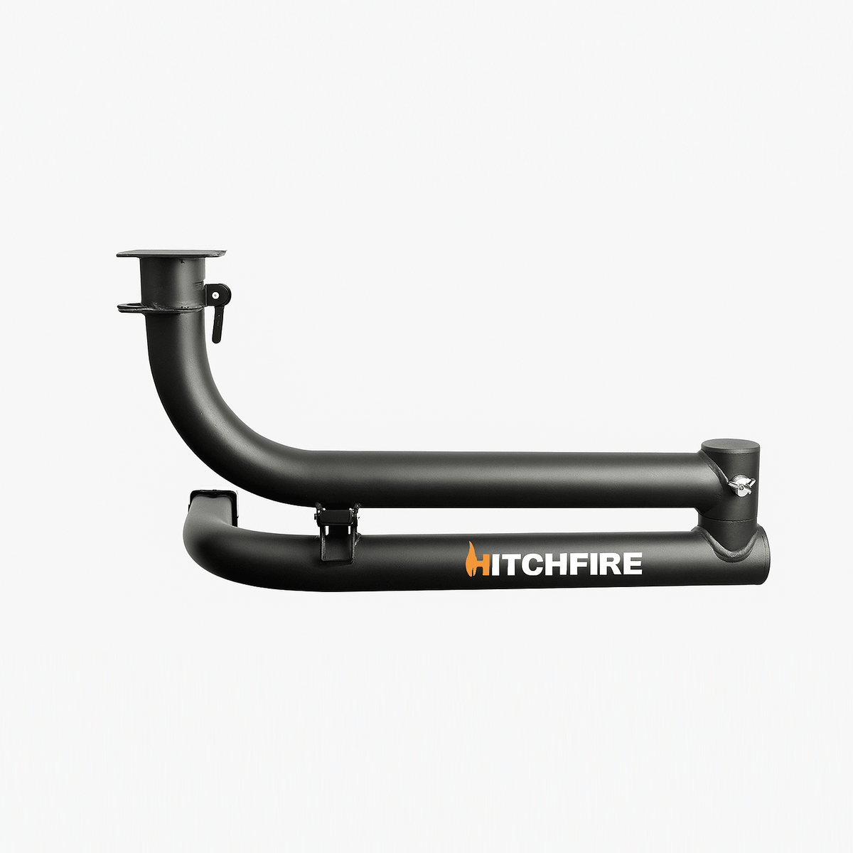 Black dual swing arm hitch accessory with Hitchfire logo and mounting brackets