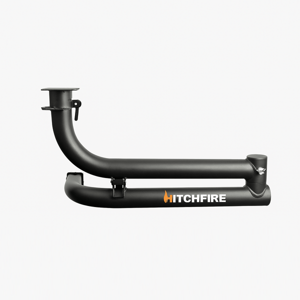 Black dual swing arm hitch accessory with Hitchfire logo and mounting brackets