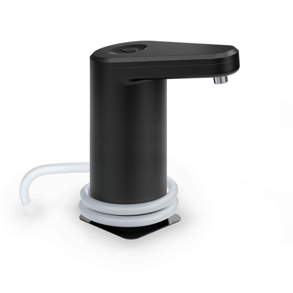 Dometic Go deck-mounted faucet with black handle, curved spout, and white base ring