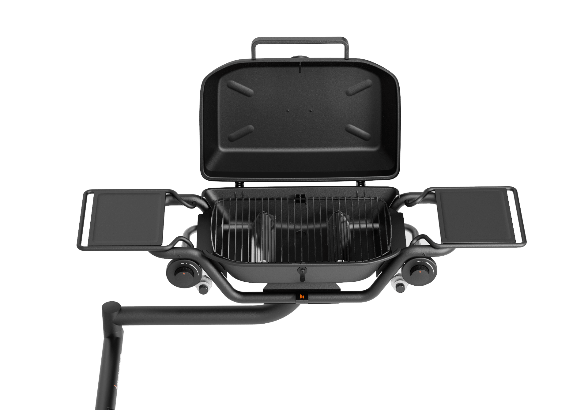 Black propane grill on a hitch mount, lid open with front vents and control knobs