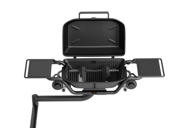 Black propane grill on a hitch mount, lid open with front vents and control knobs