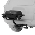 Hitch mounted propane grill with closed lid, side handle, and control knobs in dark finish.