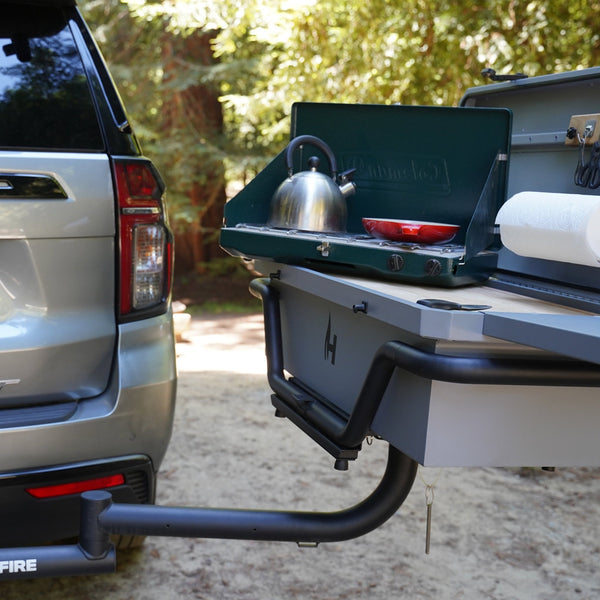 Field Box Storage Container open with kettle and bowl on swing-out counter