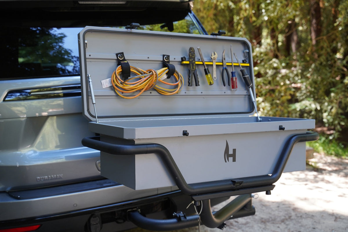 Field Box Storage Container open top compartment with hanging tools