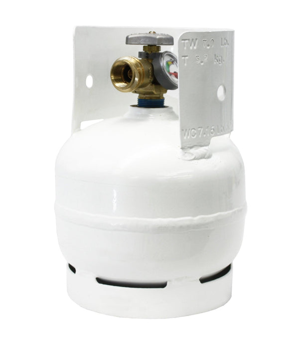 3 lb white propane gas cylinder with brass valve assembly on top