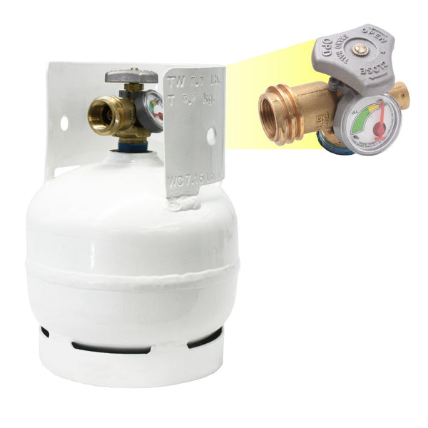 3 lb propane gas cylinder with OPD regulator and pressure gauge on top valve