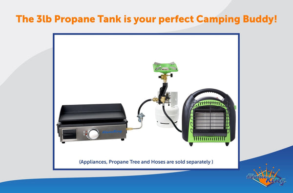 3 lb propane gas cylinder with regulator hose connected to stove and heater