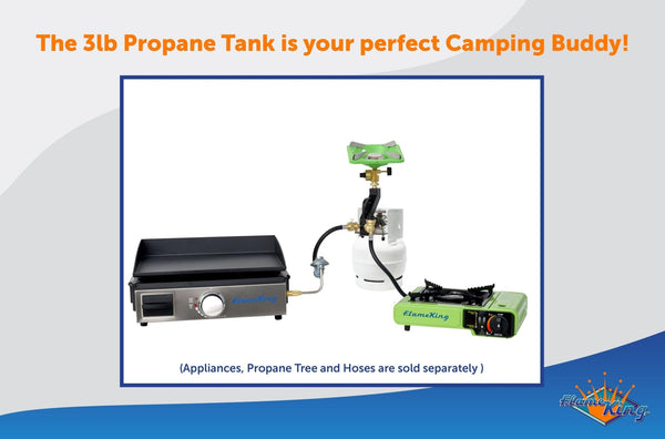 3 lb propane gas cylinder connected to hose and camping stove setup