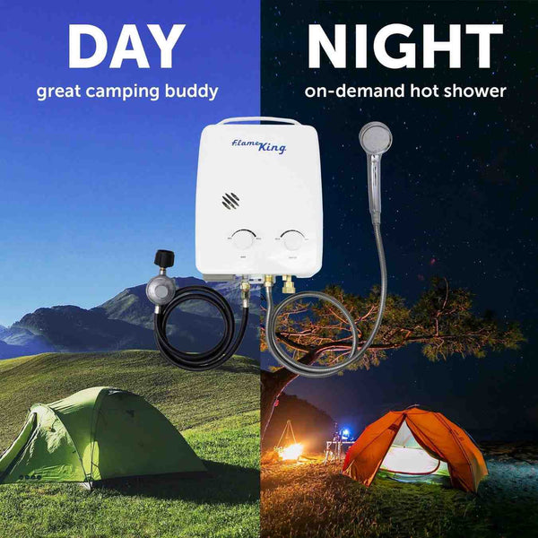 Flame King Tankless Outdoor Portable Camping Hot Shower Propane Gas 5L 1.32GPM Water Heater 34,000 BTU - HitchFire