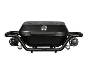 Tabletop propane grill with front hood, side control knobs, and ignition dial