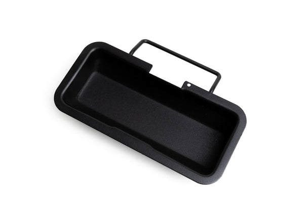 Black grease tray with metal handle, rectangular with raised sides
