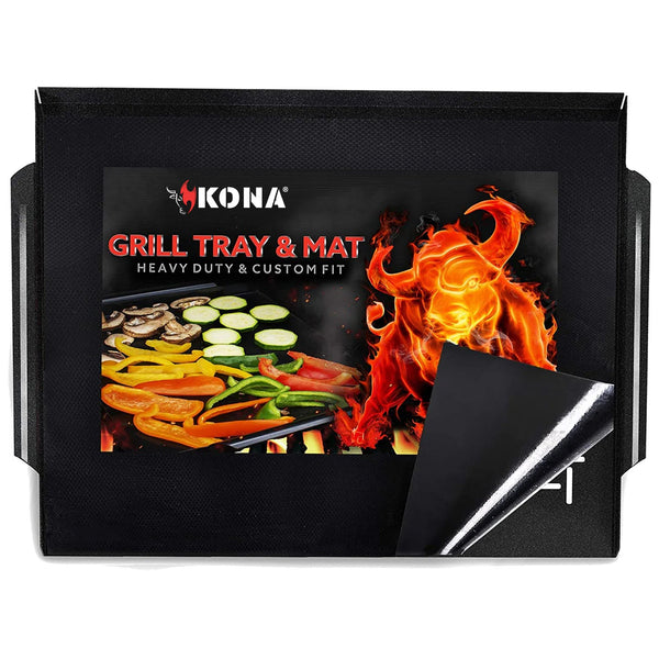 Grill tray and custom-fit grill mat in black retail box with flame graphics