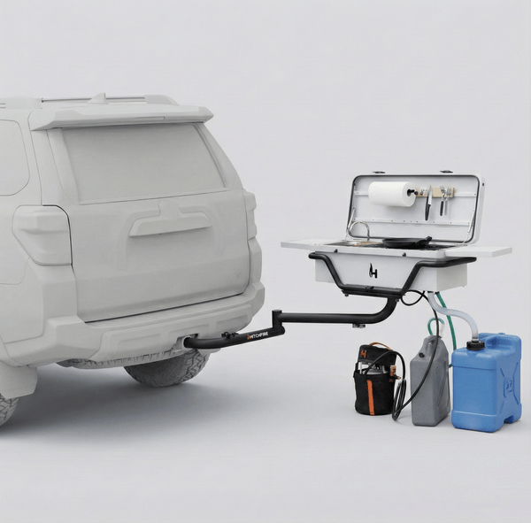 Vehicle-mounted outdoor kitchen on trailer with open sink, countertop, and power boxes