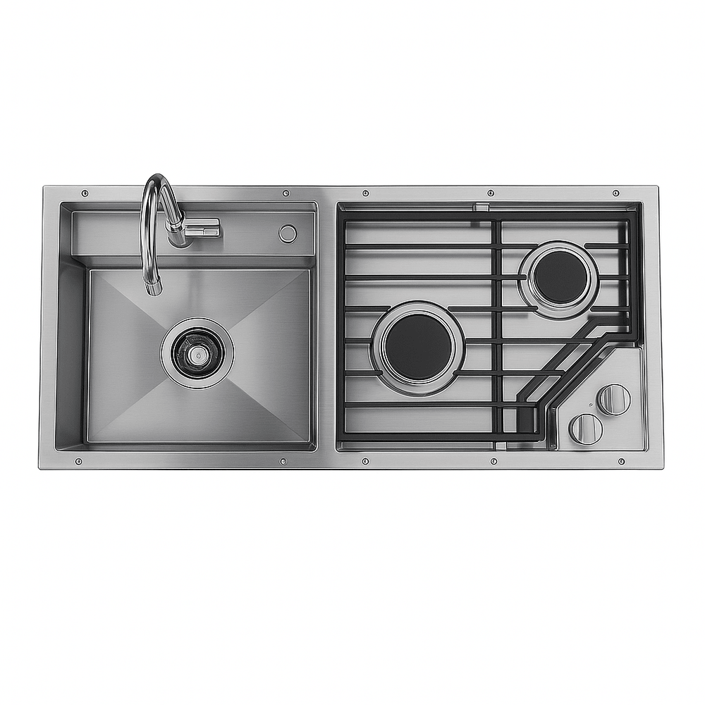 Stainless steel sink and dual-burner cooktop insert with faucet and knobs