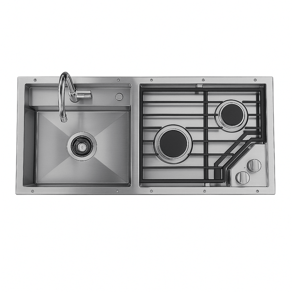 Stainless steel sink and dual-burner cooktop insert with faucet and knobs