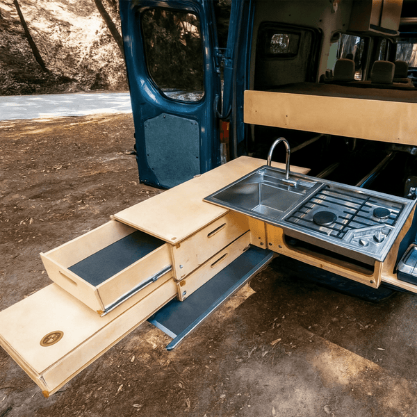 Kitchen insert with pull-out sink and dual-burner cooktop in open cabinet