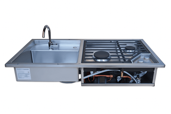 Stainless steel sink and dual-burner cooktop insert with open base compartment