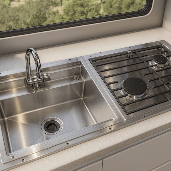Stainless steel sink with tall faucet and dual-burner cooktop surface