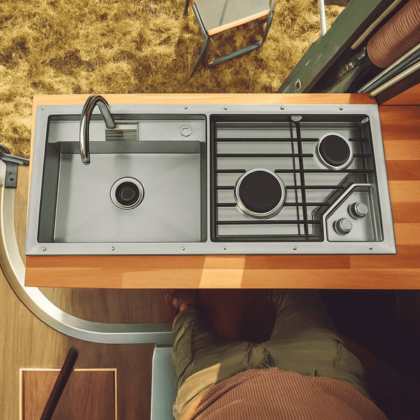 Stainless steel sink and dual-burner cooktop insert with control knobs