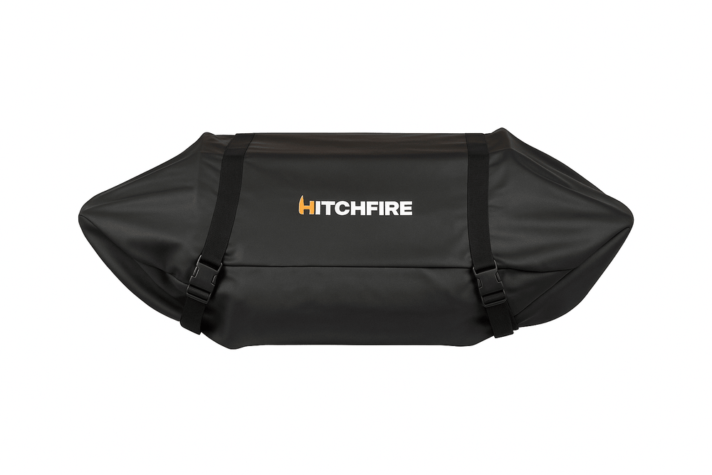 Black HitchFire grill cover with two front straps and center panel, laid flat
