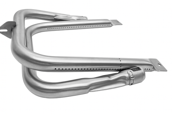 Burner replacement kit with two U-shaped metal burner tubes and mounting clamps