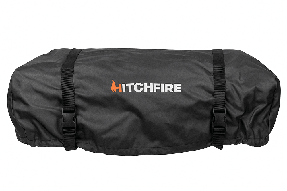 HitchFire protective cover, black fabric roll with two side straps and center logo