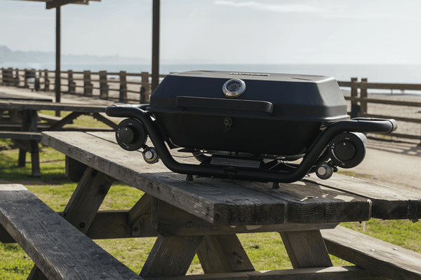 HitchFire F20 portable propane grill on outdoor table, side view with two control knobs