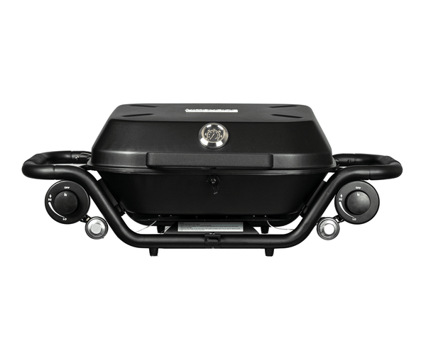 HitchFire F20 portable tabletop propane grill, black lid with control knobs and handles