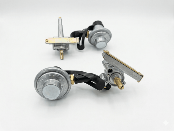 Grill propane regulator set of 2, circular silver caps and brass fittings