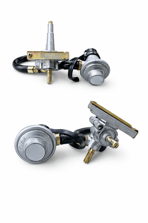 Propane grill regulator set of 2 with metal valve knobs and black hoses