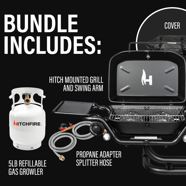 HitchFire bundle includes cover, hitch-mounted grill, propane adapter, and splitting hose.