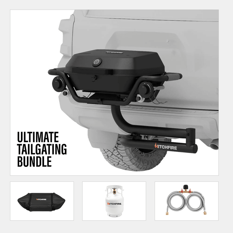 Hitch-mounted grill kit with cover, propane tank, and hose adapter set for tailgating.