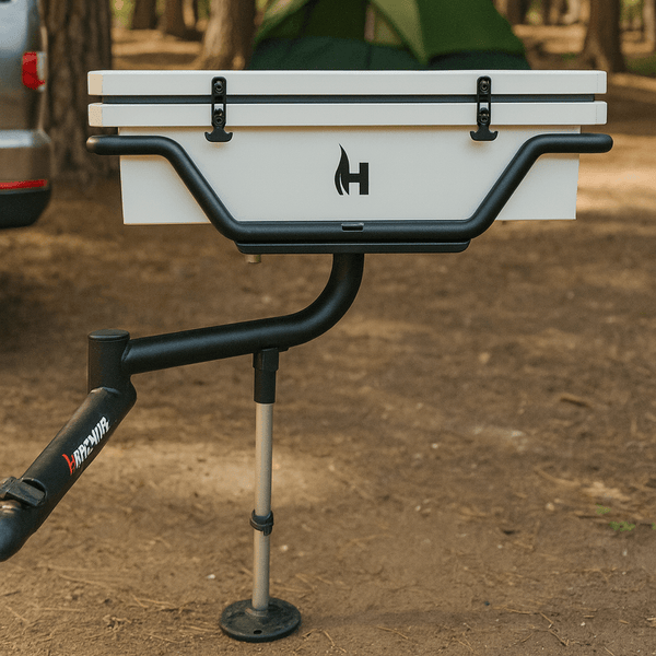 Bike kickstand with black arm and silver support bar, mounted under frame