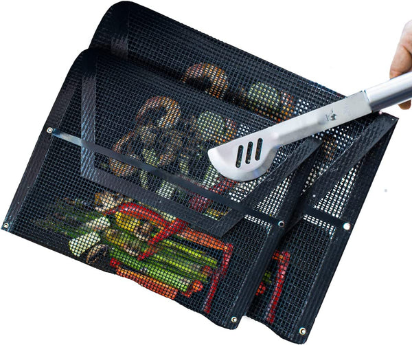 Dark mesh grill bag with metal grommets and two mesh compartments