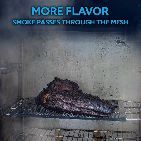 Kona mesh grill mat with fine grid, holding grilled meat inside smoker