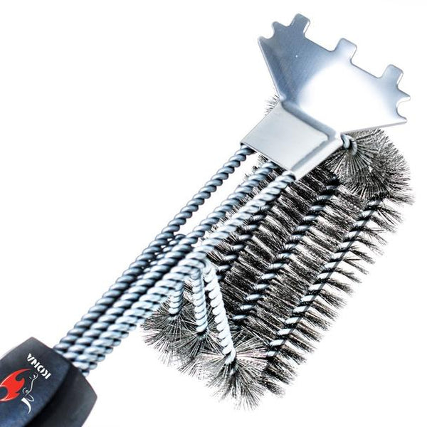 Grill brush with 360-degree wire bristles and metal scraper head