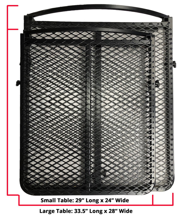 Black steel camping table with large rectangular wire-mesh top and side handles
