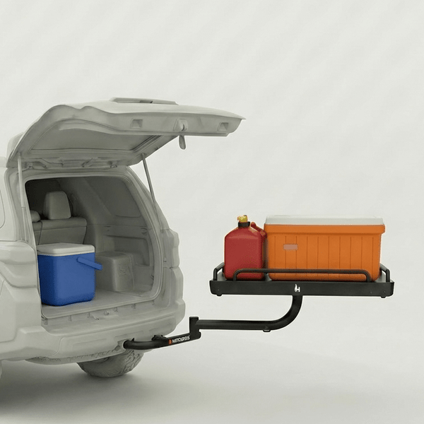 Vehicle cargo platform on rear with orange container and blue cooler inside