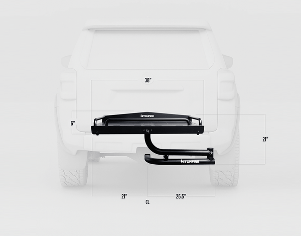 Rear cargo platform diagram with labeled dimensions for fitment and clearance