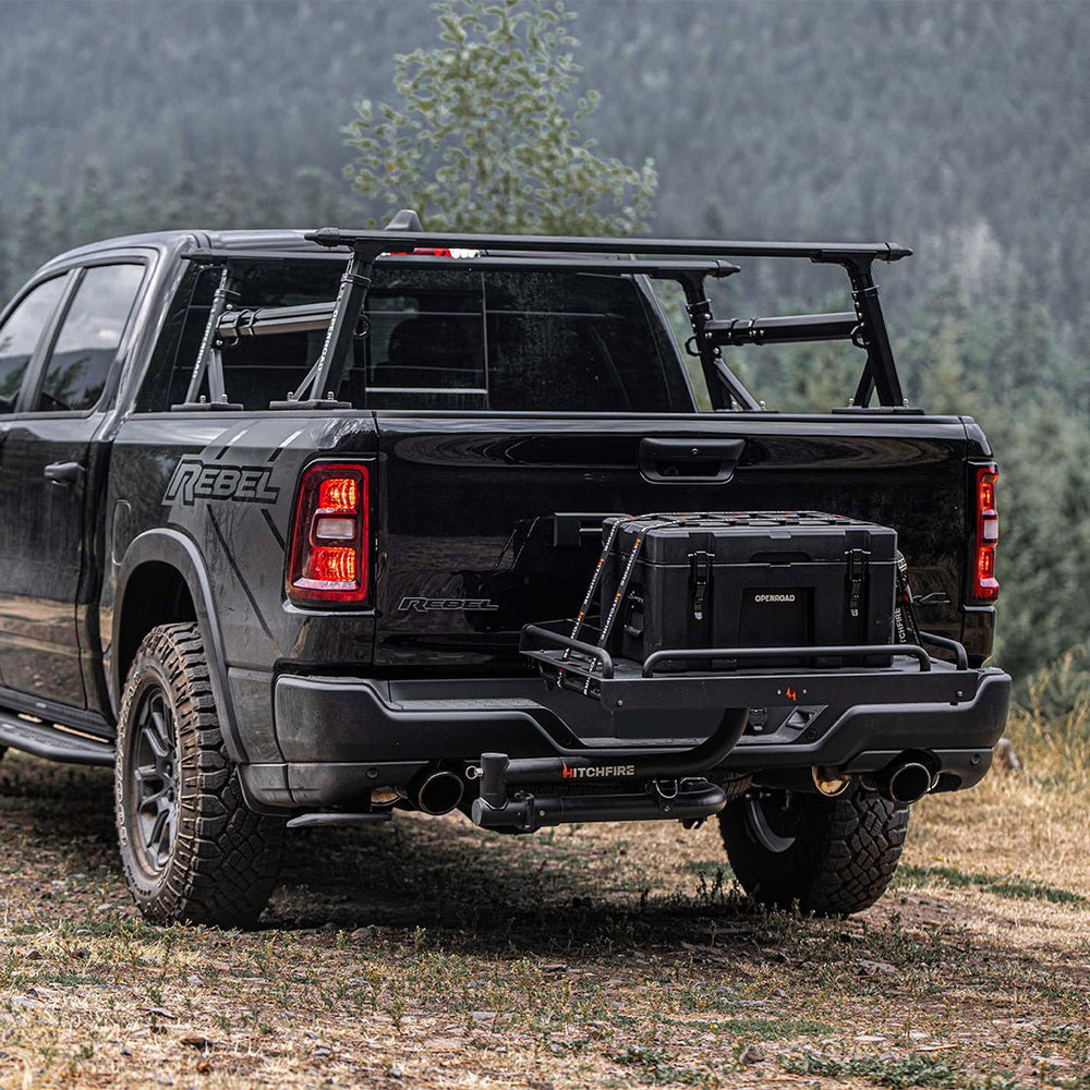 Truck with rear-mounted hitch cargo platform and mounted black gear box