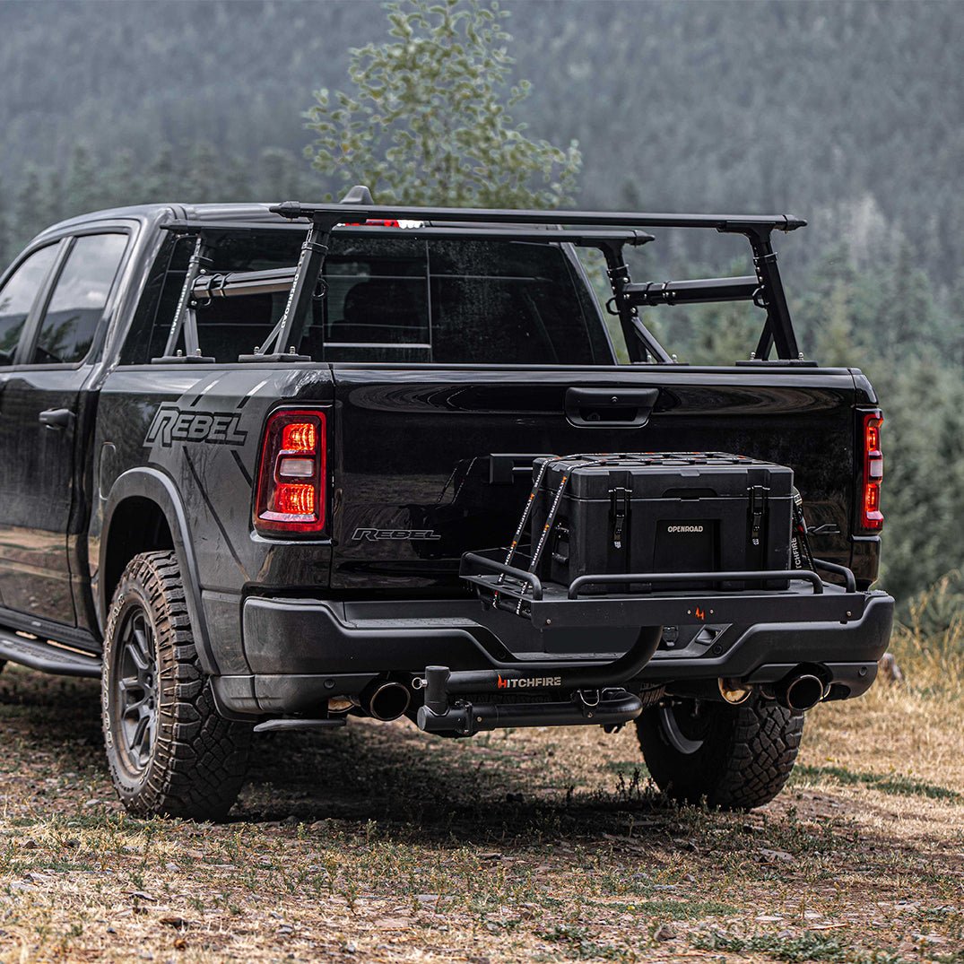 Truck with rear-mounted hitch cargo platform and mounted black gear box