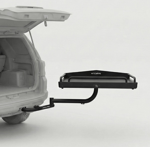 Black rear cargo platform on swing arm with hitch-mount support